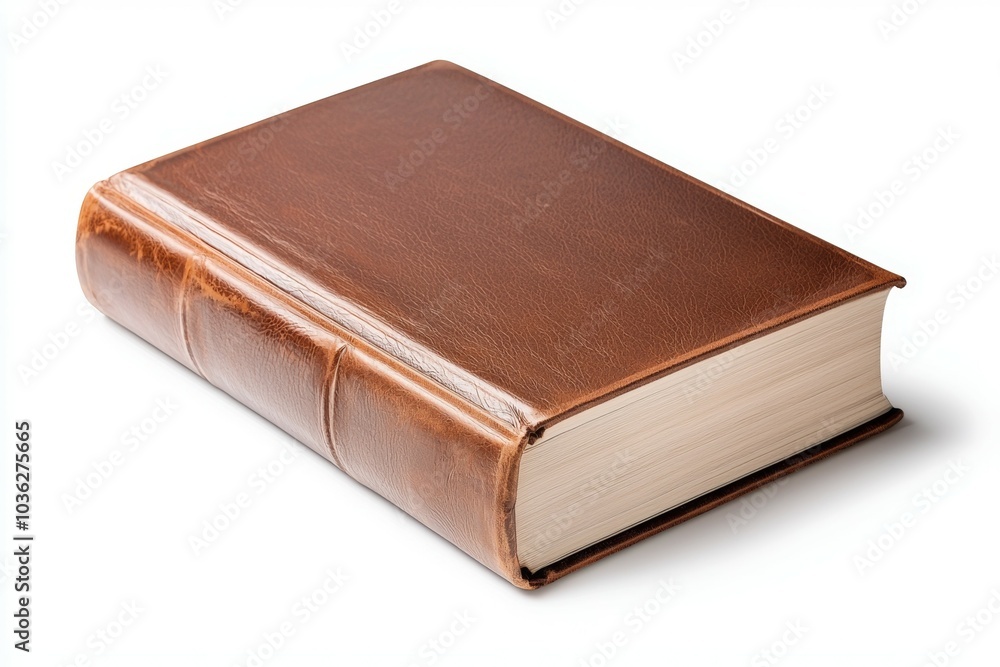 A classic brown leather-bound book resting on a white surface, showcasing its elegant design and smooth finish A classic brown leather-bound book resting on a white surface, showcasing its elegant design and smooth finish