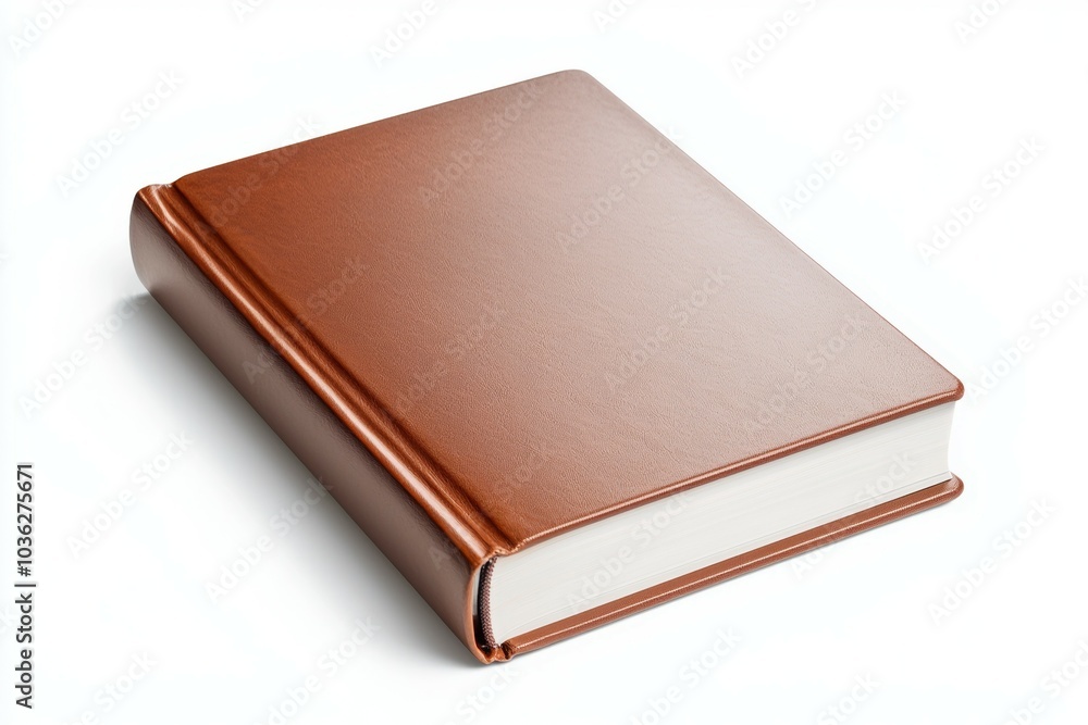 A blank, hardcover book with a brown leather-like cover resting on a white surface, suitable for notes or sketches A blank, hardcover book with a brown leather-like cover resting on a white surface, suitable for notes or sketches