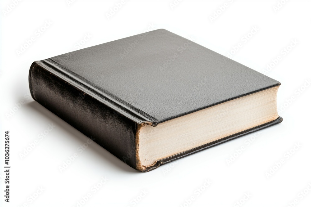 A black hardcover book resting on a white surface in a well-lit environment A black hardcover book resting on a white surface in a well-lit environment