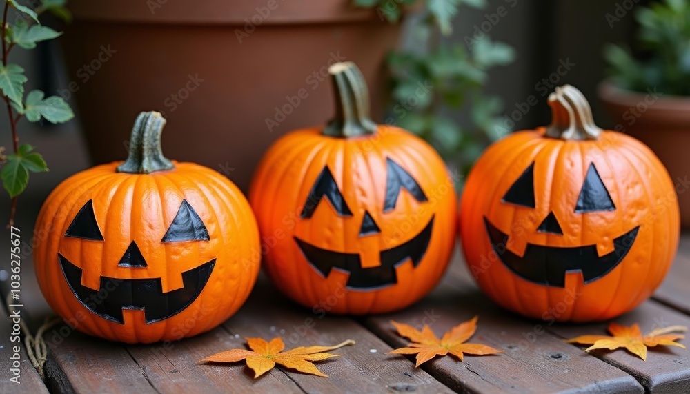 Autumns festive spirit in a trio of carved pumpkins Autumns festive spirit in a trio of carved pumpkins