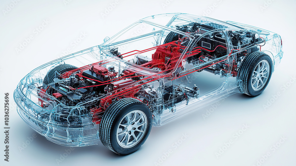 An exploded view of an electric car's engine, showing the various components such as the battery pack and motor inside its transparent shell An exploded view of an electric car's engine, showing the various components such as the battery pack and motor inside its transparent shell