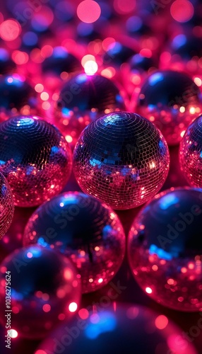 Collection of sparkling disco balls with vibrant red and blue lights creating a dynamic party atmosphere