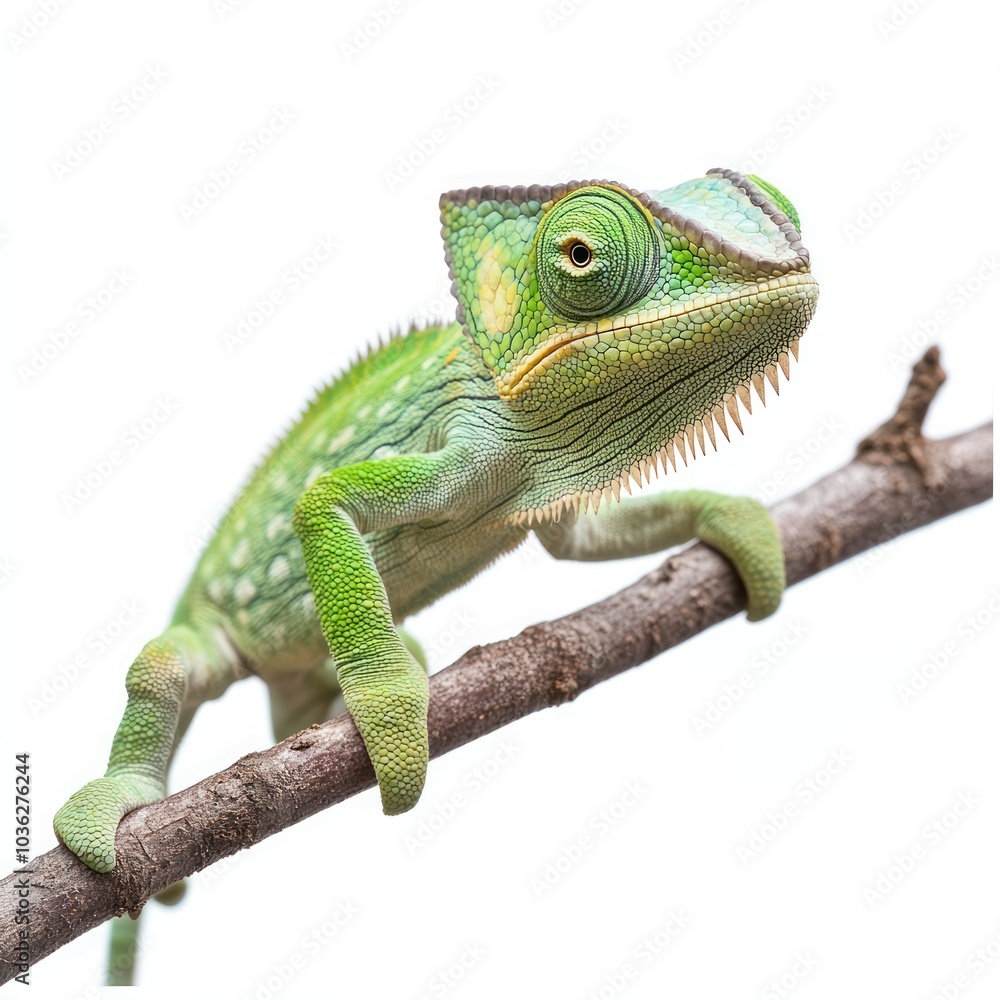 Obraz premium A green chameleon with white spots sits on a branch, looking to the right.