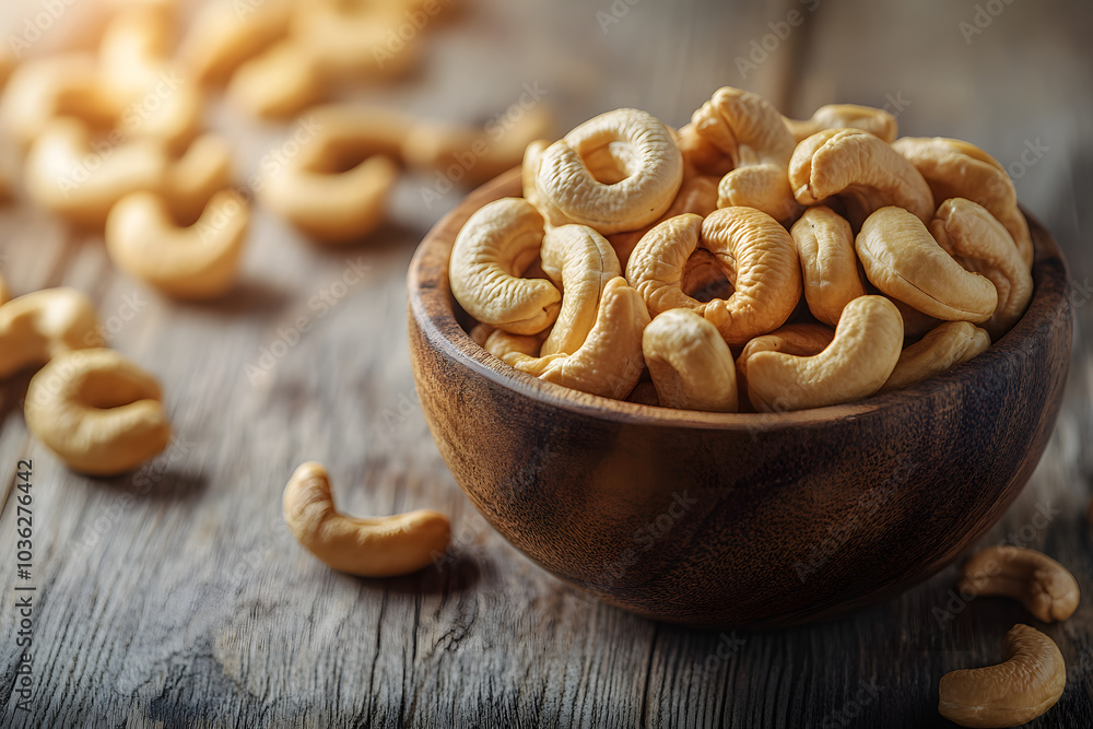 Roasted cashew nuts in bowl on wooden table. Roasted cashew nuts in bowl on wooden table.