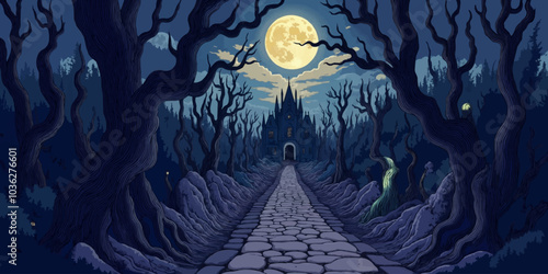 Artistic Haunted Forest at Midnight illustration background. Halloween themed horror background Comic style vector landscape design