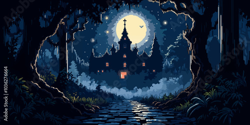 Artistic Haunted Forest at Midnight illustration background. Halloween themed horror background pixel vector landscape design