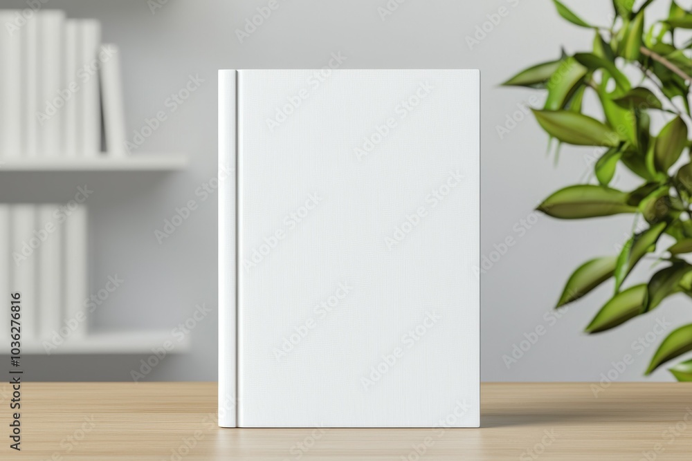 Minimalist white book on wooden table with greenery in modern indoor setting Minimalist white book on wooden table with greenery in modern indoor setting