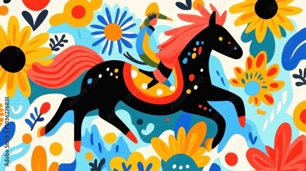 Obraz premium A cheerful centaur dashes through vibrant sunflowers and daisies in a lively cartoonish scene set in a colorful field.