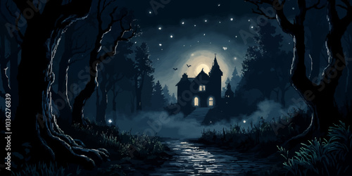 Artistic Haunted Forest at Midnight illustration background. Halloween themed horror background vector landscape design
