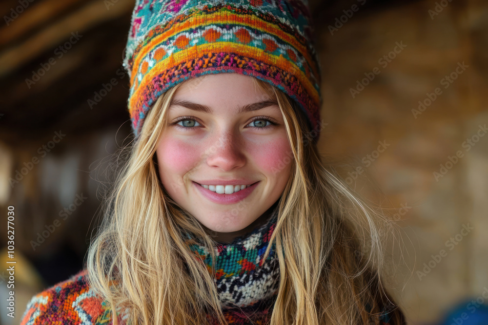 Caucasian woman wearing sami gakti northern europe traditional cloth Caucasian woman wearing sami gakti northern europe traditional cloth