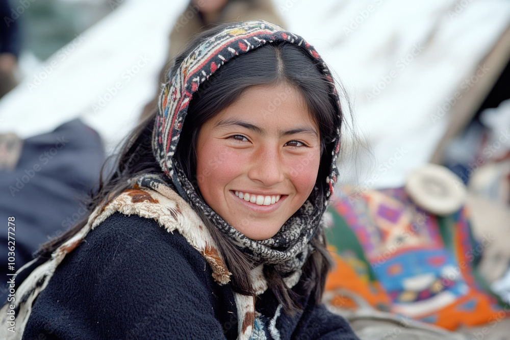 Hispanic woman wearing sami gakti northern europe traditional cloth Hispanic woman wearing sami gakti northern europe traditional cloth