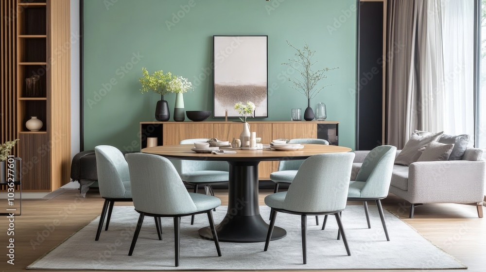 A modern dining room featuring mint-colored chairs around a round wooden table, set against a soft green accent wall, with a cozy grey sofa and a sleek wooden cabinet nearby. A modern dining room featuring mint-colored chairs around a round wooden table, set against a soft green accent wall, with a cozy grey sofa and a sleek wooden cabinet nearby.