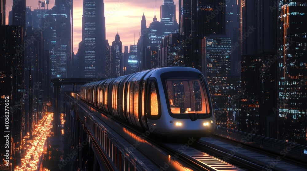 A modern electric train crossing a bridge in a dense urban area, with skyscrapers in the background and streetlights just beginning to turn on. A modern electric train crossing a bridge in a dense urban area, with skyscrapers in the background and streetlights just beginning to turn on.