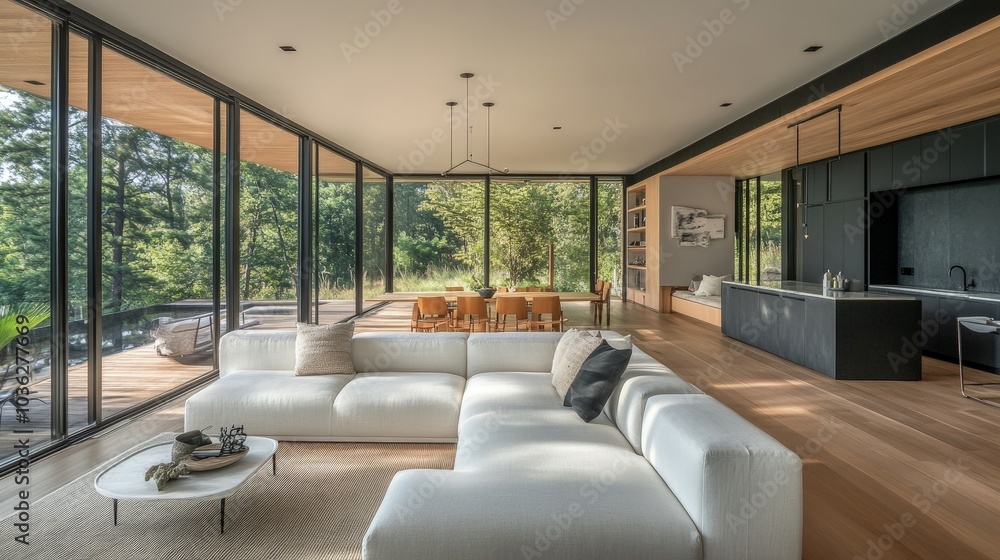 A modern interior with a plush white sofa centered in an open-plan living area, surrounded by light wood flooring and large glass windows, offering a panoramic view of the outdoors. A modern interior with a plush white sofa centered in an open-plan living area, surrounded by light wood flooring and large glass windows, offering a panoramic view of the outdoors.