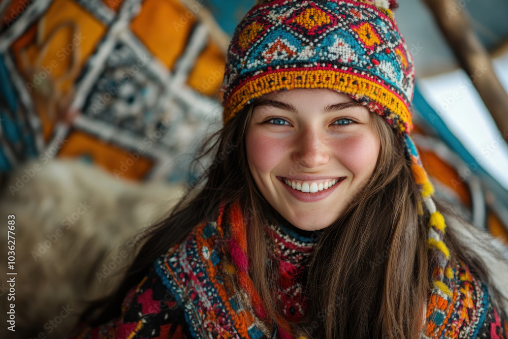 Sami woman wearing sami gakti northern europe traditional cloth Sami woman wearing sami gakti northern europe traditional cloth