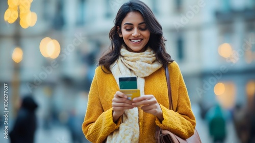 A modern Indian woman walking through a city square, using her phone to make a booking while holding her credit card, her joyful expression reflecting the ease of online transactions. photo