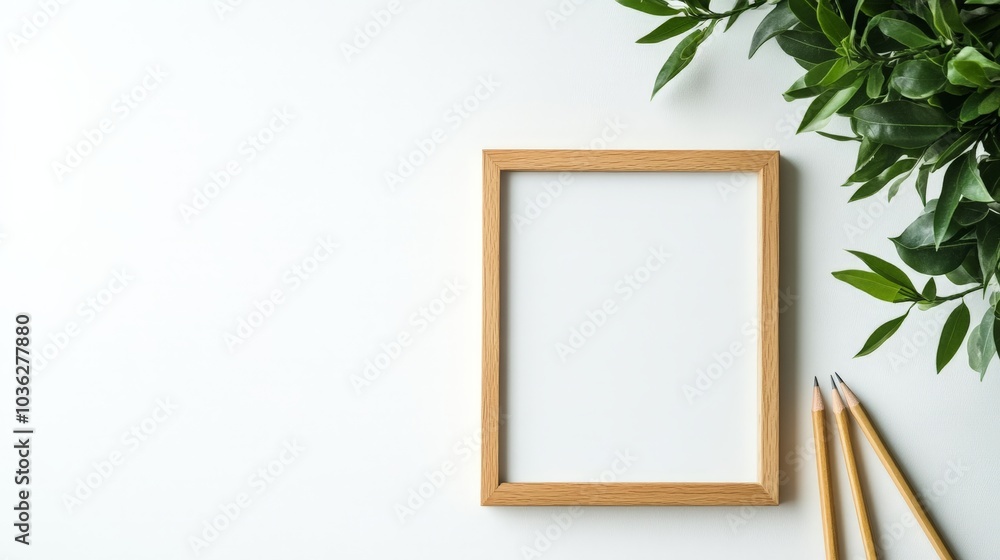 A modern minimalist composition of a wooden picture frame, a lush green potted plant, and two pencils, arranged neatly on a white background with plenty of empty space for text. A modern minimalist composition of a wooden picture frame, a lush green potted plant, and two pencils, arranged neatly on a white background with plenty of empty space for text.