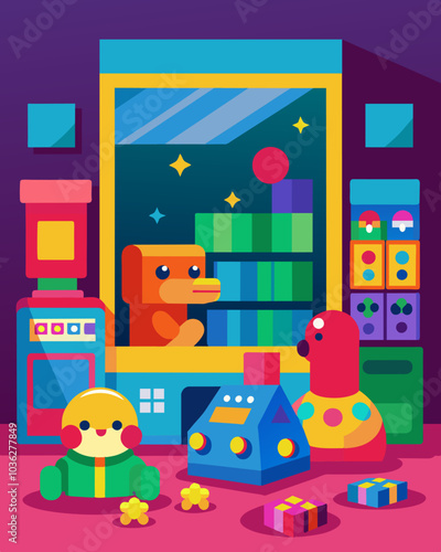 Brightly colored toys and games sitting at the back of the store untouched and forgotten.. Vector illustration