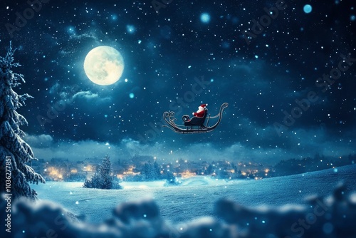 Merry christmas and happy new year greeting card with copy-space. Winter night landscape.Santa and his sleigh flying over snowy landscape, ai