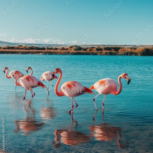 A flock of pink flamingos wading in a shallow lake with blue water and a mountain range in the background.