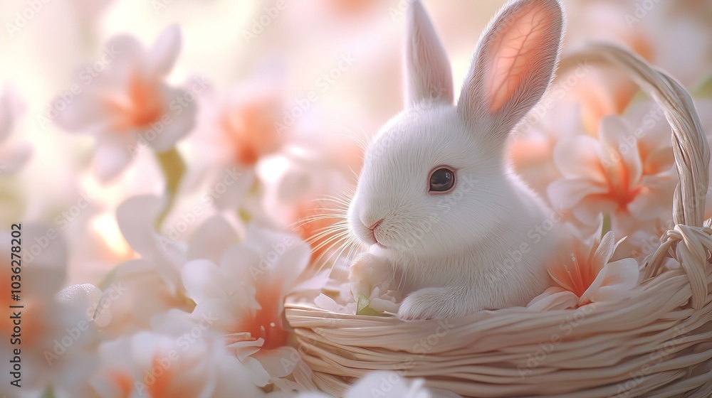 Obraz premium 3D Cute Baby Rabbit with Long Ears Sitting in a basket Pastel Background