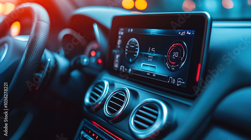 Close-up of a modern car radio with a touch screen and speaker inside the vehicle