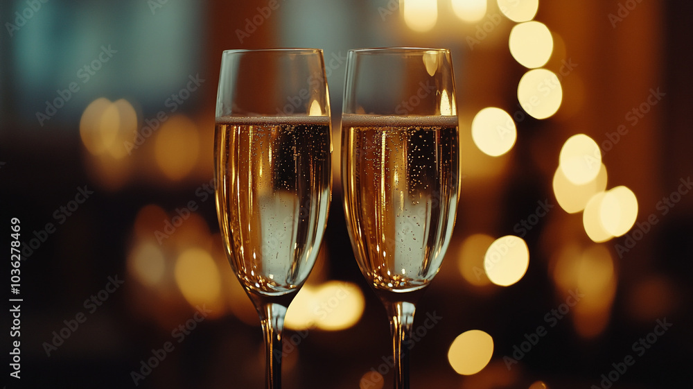 Two champagne glasses clink together on New Year's Eve in a festive celebration atmosphere Two champagne glasses clink together on New Year's Eve in a festive celebration atmosphere