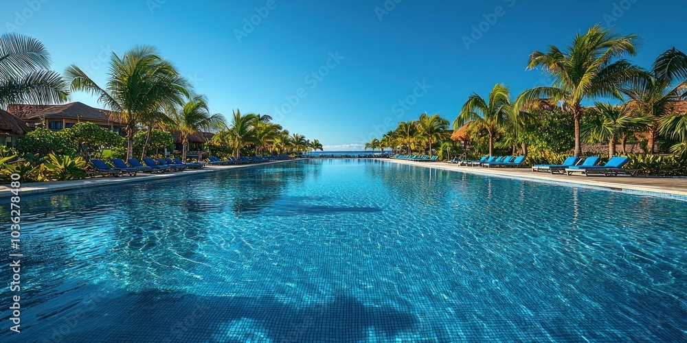 Obraz premium Tranquil Pool Surrounded by Palm Trees and Blue Loungers