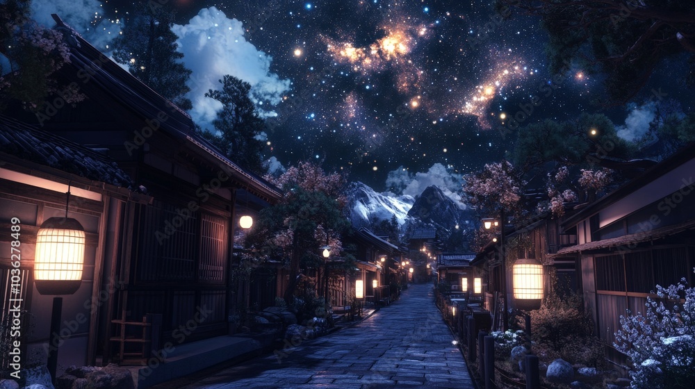 A peaceful Japanese street under the night sky, where lanterns light the way along wooden facades, and the stars above create a serene, dreamlike atmosphere. A peaceful Japanese street under the night sky, where lanterns light the way along wooden facades, and the stars above create a serene, dreamlike atmosphere.