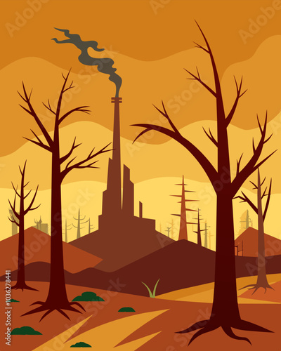 Dead trees and withered vegetation standing as a tragic reminder of the damage caused by the factorys pollution.. Vector illustration
