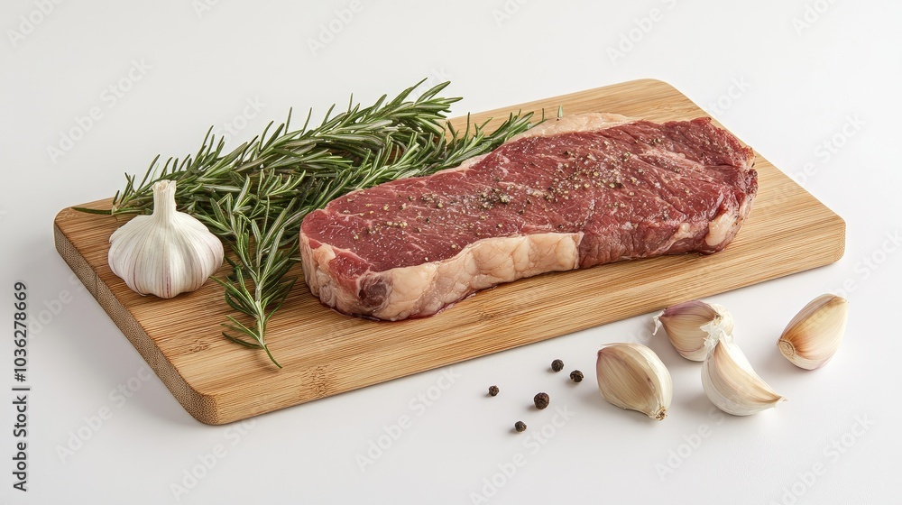 Fresh Steak with Garlic and Rosemary on Cutting Board Fresh Steak with Garlic and Rosemary on Cutting Board