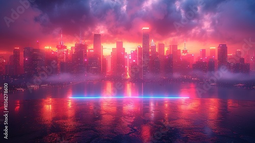 A vibrant city skyline at sunset, illuminated with neon lights and reflections on water.