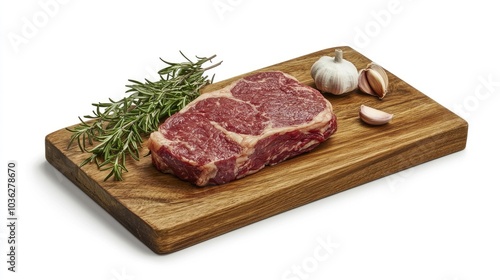 Fresh Beef Steak with Garlic and Rosemary on Board