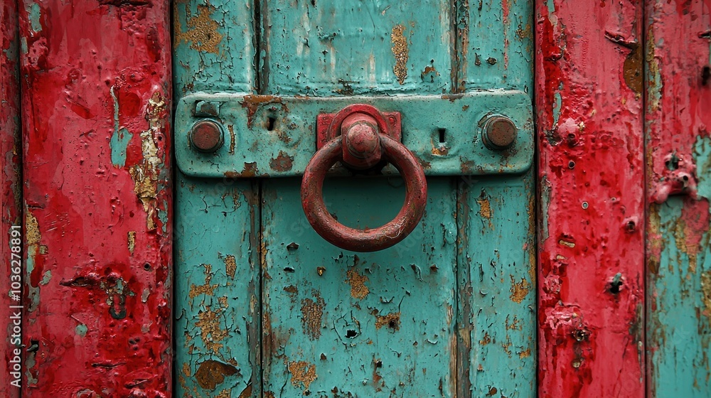 A Rusty Metal Door with a Ring Handle and Peeling Red and Teal Paint A Rusty Metal Door with a Ring Handle and Peeling Red and Teal Paint