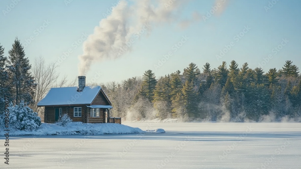 Cozy Cabin in Winter Wonderland with Smoke Rising Cozy Cabin in Winter Wonderland with Smoke Rising
