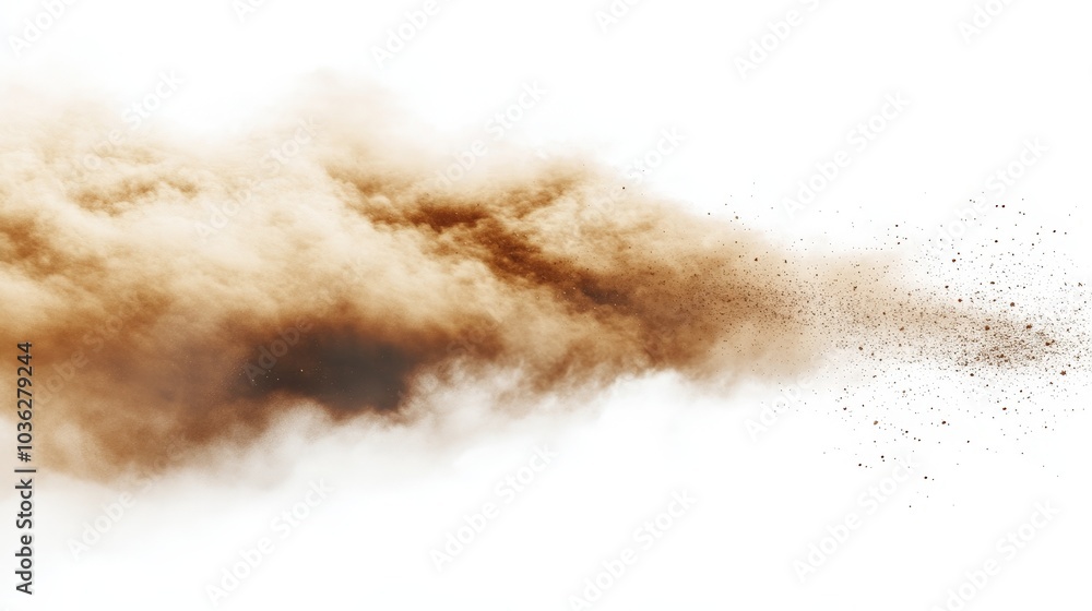 A powerful sandstorm with swirling sand dust clouds, featuring small particles flying through the air, isolated on a clean white background, creating a dynamic and dramatic effect. A powerful sandstorm with swirling sand dust clouds, featuring small particles flying through the air, isolated on a clean white background, creating a dynamic and dramatic effect.