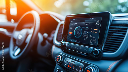 Close-up of a modern car radio with a touch screen and speaker inside the vehicle
