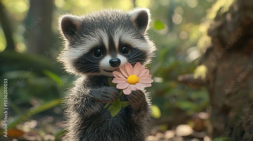 Fototapeta premium Adorable 3D Cute Baby Raccoon Holding a Pastel Pink Flower