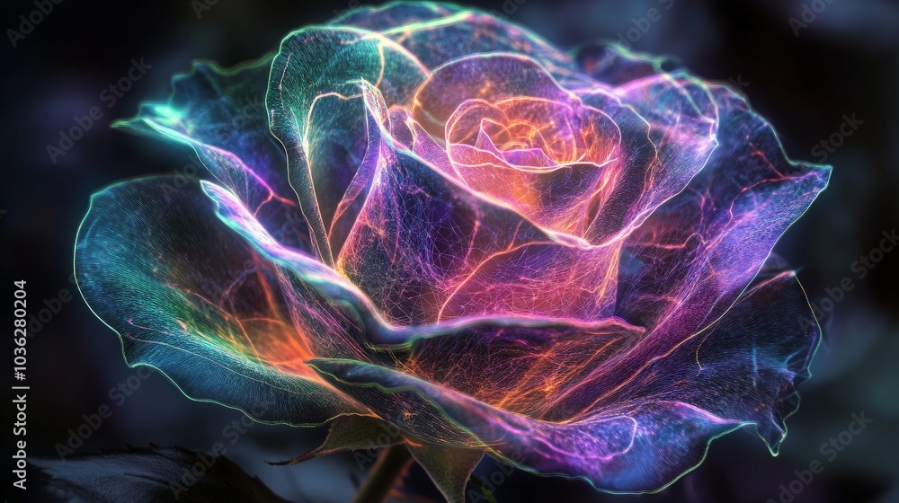 Obraz premium A rose illuminated by Kirlian photography, with energy-like sparks radiating from the edges of the petals, interwoven with laser art beams. 