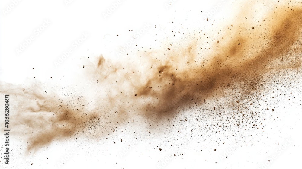 A sandstorm in motion, with clouds of sand dust and small particles flying through the air, set against a white background to emphasize the texture and movement of the dust. A sandstorm in motion, with clouds of sand dust and small particles flying through the air, set against a white background to emphasize the texture and movement of the dust.