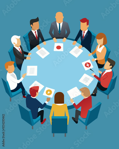 At a roundtable discussion government officials from different departments come together to collaborate on a comprehensive economic recovery strategy.. Vector illustration