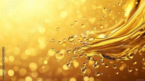 Golden liquid splash with droplets on yellow bokeh background