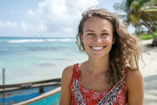 French woman smiling wearing kenyan tanzanian kimbeu at tropical beach