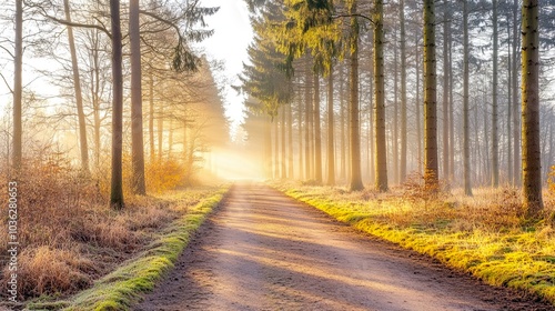 Serene forest path illuminated by morning light.