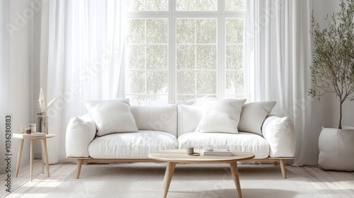 A Scandinavian-style living room featuring a white sofa with light wooden legs, a minimalist coffee table, and natural light streaming in through large windows framed by sheer white curtains. photo