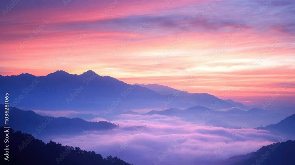 Stunning Sunrise Over Misty Mountain Landscape Stunning Sunrise Over Misty Mountain Landscape