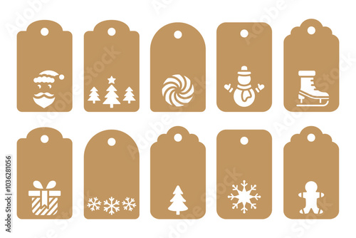 Set of Christmas decorative tags shapes cut file. Vector templates for cutting. New Year and winter holidays tag stencils. Craft paper or cardboard label for gift wrapping