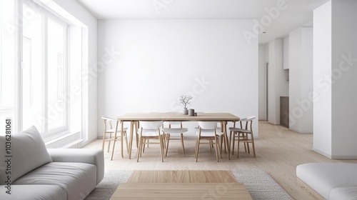 A seamless transition between a Scandinavian living room and dining area  with a simple light grey couch  wooden coffee table  and a dining table surrounded by minimalist white chairs.