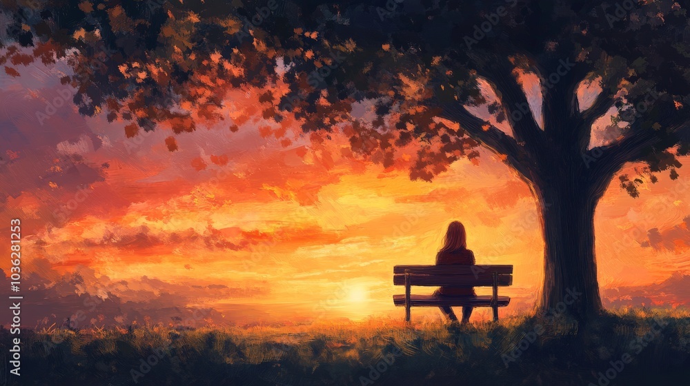 A serene scene of a woman sitting on a park bench, watching a sunset, her face glowing with contentment as the warm colors of the sky reflect in her peaceful expression. A serene scene of a woman sitting on a park bench, watching a sunset, her face glowing with contentment as the warm colors of the sky reflect in her peaceful expression.
