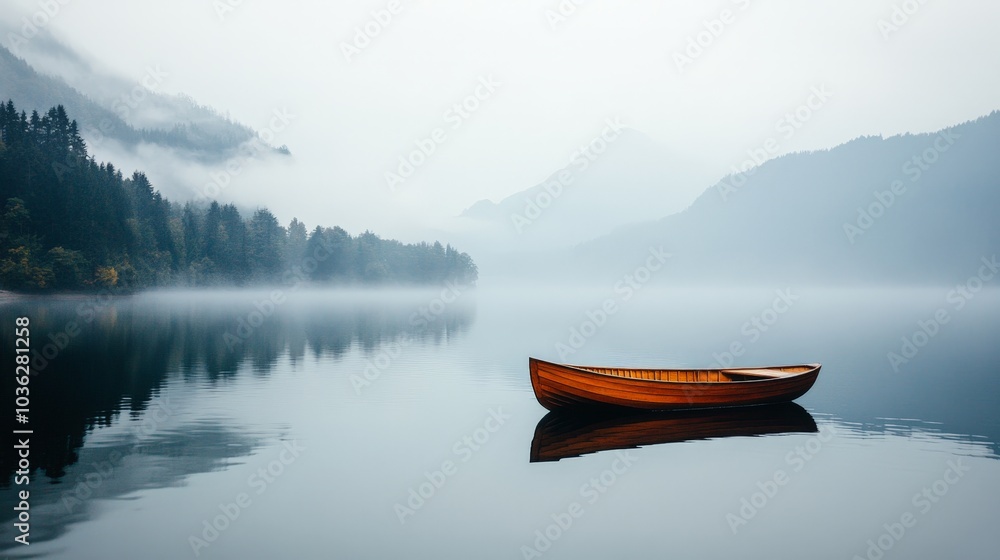 A serene scene of a wooden boat floating alone on a still lake, surrounded by dense fog. A serene scene of a wooden boat floating alone on a still lake, surrounded by dense fog.